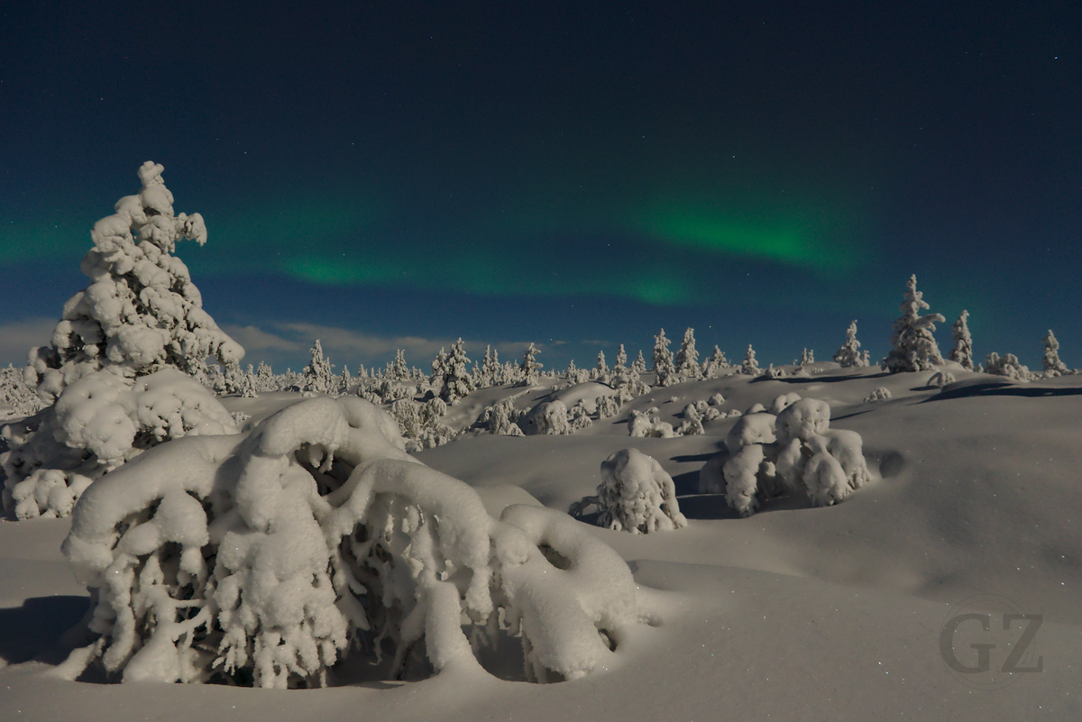 Polar night, full moon, northern lights, and snow covered landscape